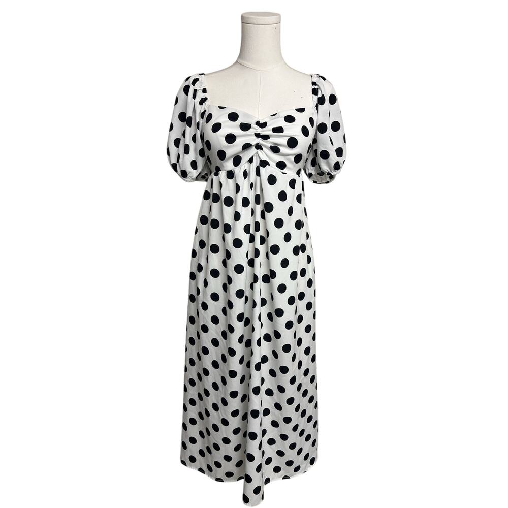 Blush Dress Small‎ Elegant White Puff Sleeve Milk Maid Croquet Black Polka Dot